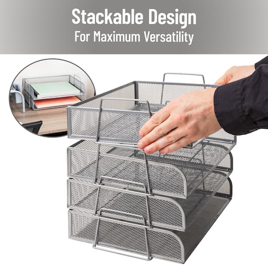 Mind Reader Stackable Paper Tray, Desktop Organizer, File Storage, Office, Metal Mesh, 4 Pcs., Silver